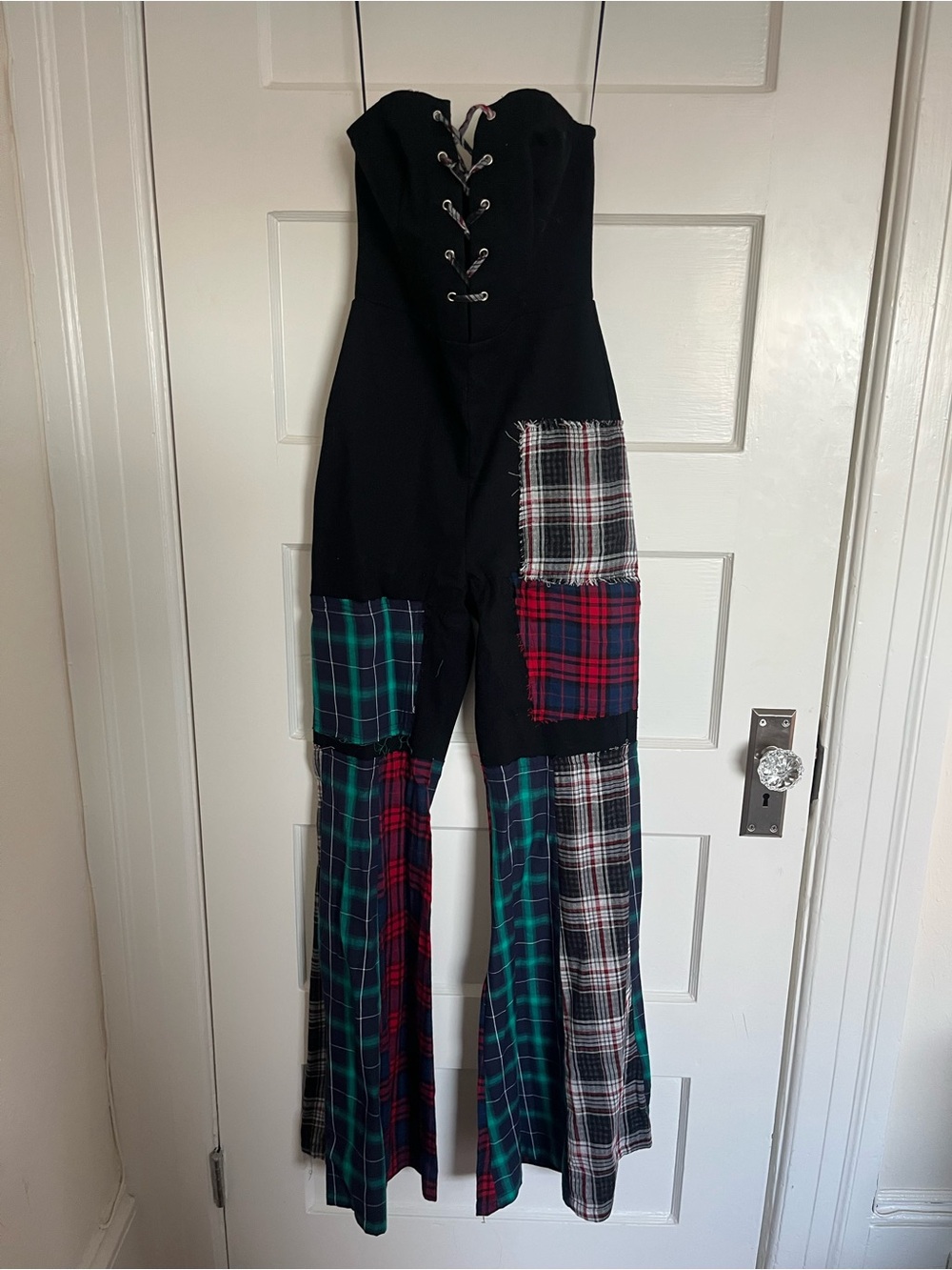 Fashion Nova Black Strapless Patchwork Plaid Jumpsuit